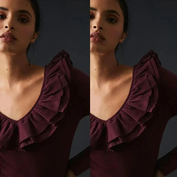 Anthropologie DOLAN Ruffled V-Neck Top in Wine Size Medium NWOT $78 - Picture 10 of 11